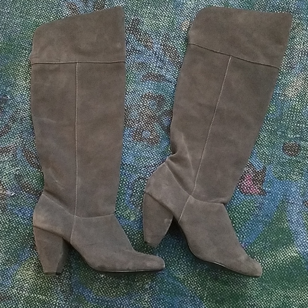 Genuine grey suede slouchy knee-high boots